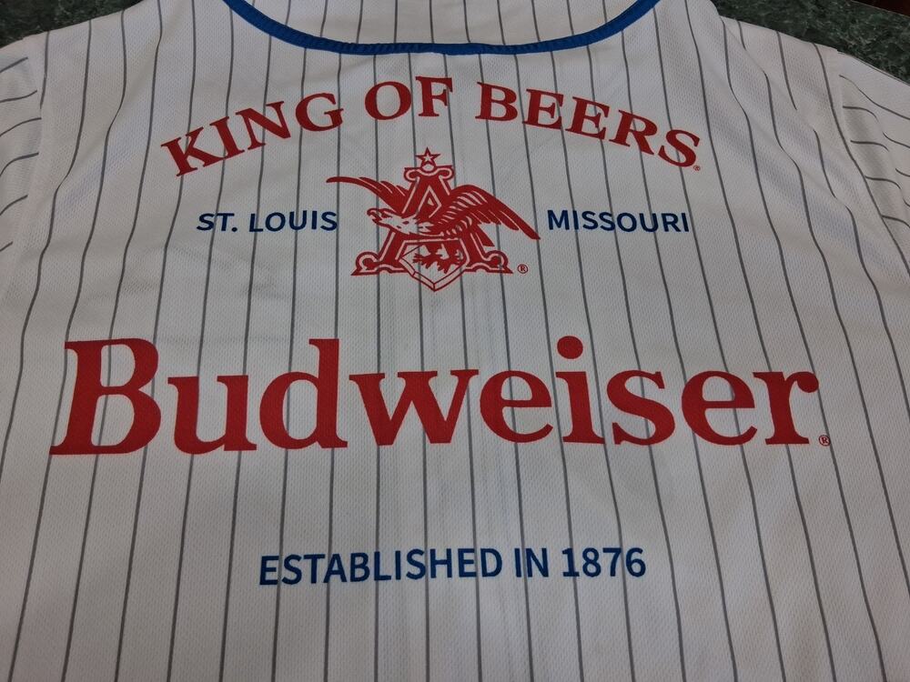 Budweiser Baseball Jersey Men's XXL White Blue King Of Beers Novelty Bud Beer
